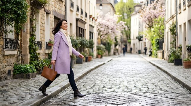 Elegant woman walking on cobblestone street in Paris during spring season