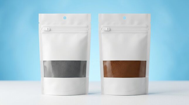 Two resealable pouches filled with black and brown powder against a light blue background showcasing modern packaging design with a focus on product differentiation and minimalist