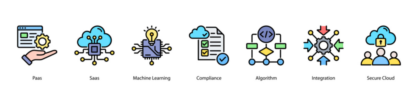 Intelligent Cloud web banner icon vector illustration featuring PaaS, SaaS, Machine Learning, Compliance, Algorithm, Integration, and Secure Cloud.