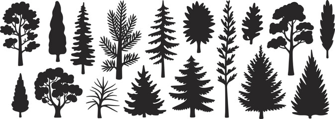 Collection of diverse tree silhouettes in various shapes and sizes on a white background Keywords: trees, silhouette, nature, forest © MostRohida