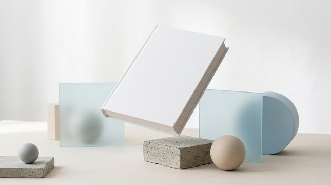Floating white book surrounded by soft pastel geometric shapes on a minimalist background ideal for creative and modern design concepts