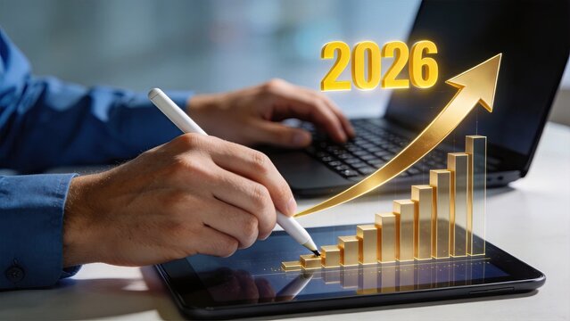 Financial growth chart rising arrow 2026 forecast, business success strategy planning, economic profit increase graph, investment return projection, corporate revenue target,