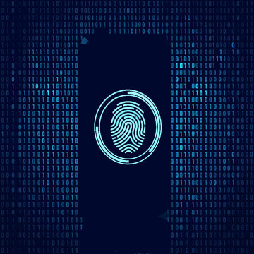 Digital Biometric Fingerprint Scan for Cyber Security and Data Privacy Authentication with Binary Code Background for Software Interface and Technology Flexible Layout Design