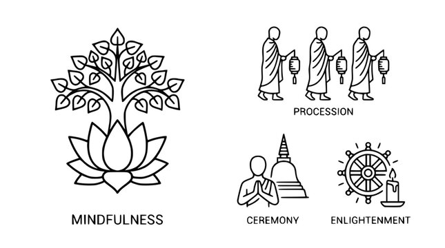 Buddhist Symbols: Bodhi Tree, Lotus, Procession, Stupa, Dharma Wheel, Candle Icon