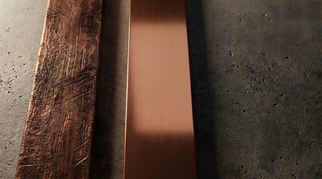 Close-up of polished copper and weathered wood, contrasting texture and material macro close-up, industrial detail, manufacturing background