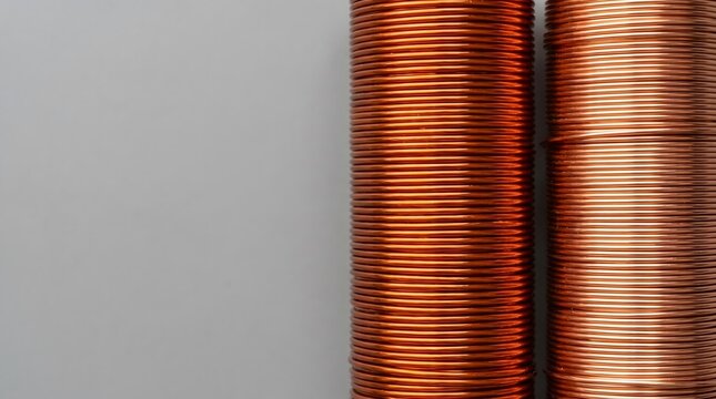 Copper wire spools stacked high, electrical conductivity and industrial material macro close-up, industrial detail, manufacturing background