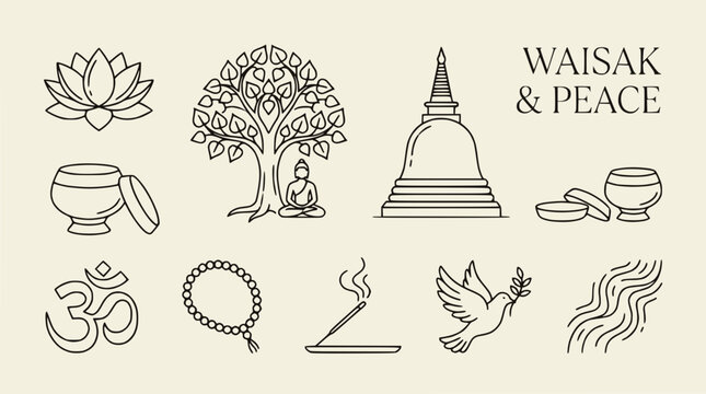Buddhist Symbols for Vesak and Peace: Lotus, Bodhi Tree, Stupa, Om, Mala Beads, Dove