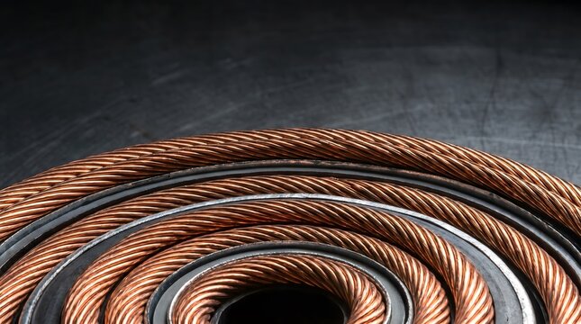 Copper wire coiled, electrical conductivity and industrial material macro close-up, industrial detail, manufacturing background
