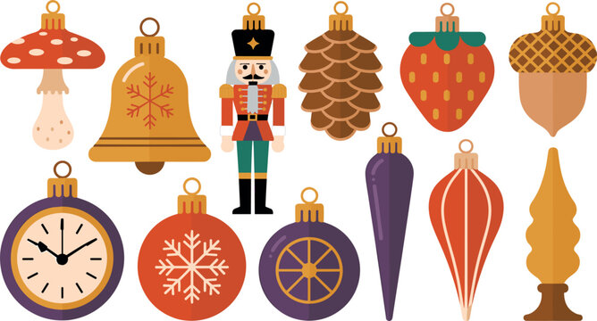 Vintage Christmas Tree Bauble Ornament Set With Nutcracker Bell Mushroom Pinecone And Bauble Vector Illustrations