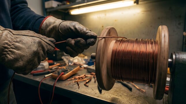 Electrician hands working with copper wire on a spool, industrial and technology closeup macro close-up, industrial detail, manufacturing background