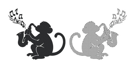 Stylized monkey playing saxophone vector illustration, musical primate character, jazz animal graphic, playful music notes design, black and halftone monkey art for entertainment and children's © Caleb
