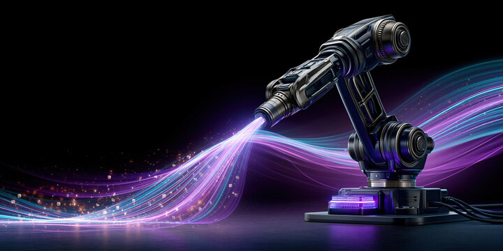 Industrial robot arm cloud data transfer futuristic laser beam