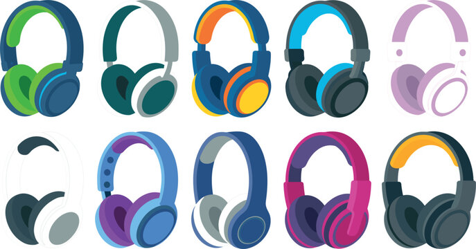 Colorful modern wireless headphones and gaming audio headset flat vector icon collection set design