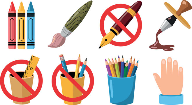 Creative fine art supplies and prohibited school stationery rules flat vector icon collection set design
