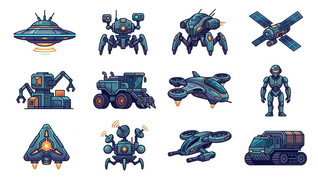 Collection of Pixel Art Sci Fi Robots and Spaceships.
