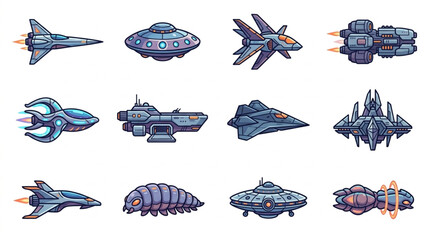 Collection of Pixel Art Spaceships and UFOs for Games. © Yandi