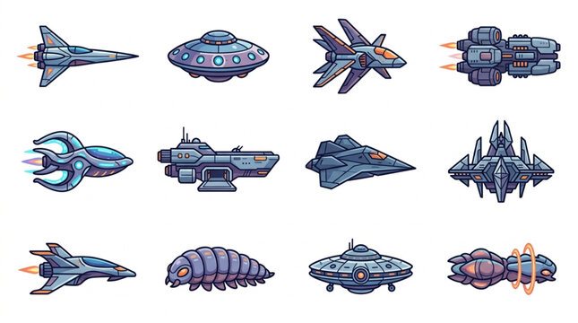 Collection of Pixel Art Spaceships and UFOs for Games.