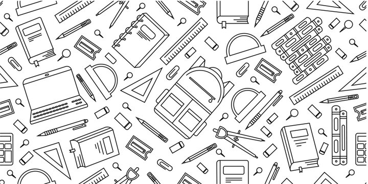 School supplies seamless pattern. School attributes seamless pattern. Student accessories repeat background. Back to school doodle banner. Education  theme doodle pattern background. 