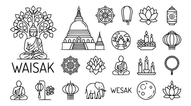 Buddha Wesak Icons: Enlightenment, Meditation, Temple, Lotus, Dharma Wheel, Lanterns