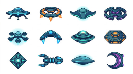 Collection of twelve different alien spaceship illustrations in pixel art style. © Yandi