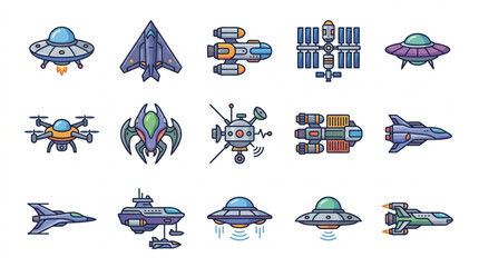 Collection of various science fiction spacecraft and flying objects. © Yandi