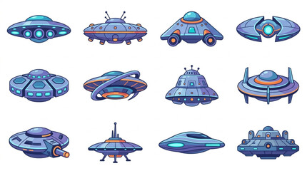 Collection of various futuristic alien flying saucers and UFOs. © Yandi