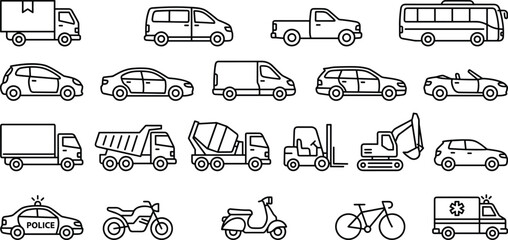 Transportation and Commercial Vehicle Outline Icons Set with Cars Trucks Buses Construction and Emergency Transport © Akhi999