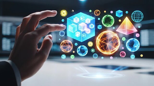 Futuristic Holographic Interface with 3D Geometric Shapes and Hand Interaction in a Modern Office Setting
