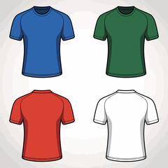 Naklejka premium Set of four blank t-shirt mockups in blue, green, red, and white colors for apparel design and branding templates on a neutral background