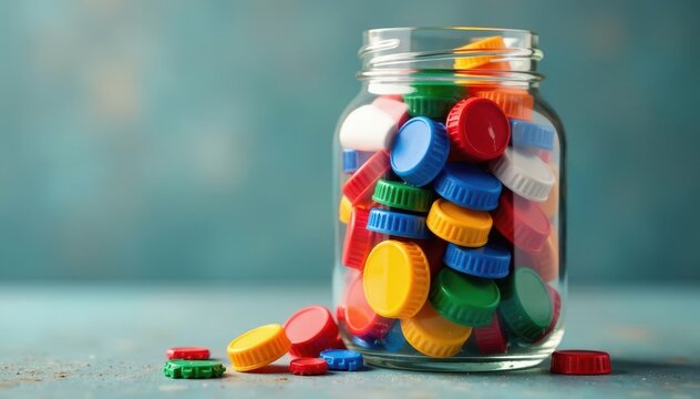 Assorted plastic bottle caps in a large glass jar, plastic bottle caps, craft supplies, colorful bottles