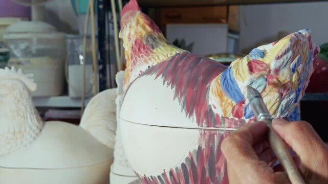 Artisan Painting Ceramic Chicken Figurine With Brush In Pottery Workshop