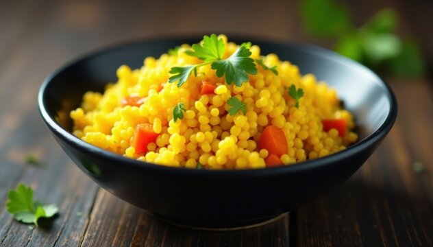 Black glass bowl with kaanda poha, garnished with chopped herbs, kaanda poha, black glass, Indian flatbread