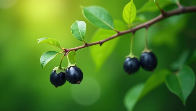 Black peppercorns hang from a curved twig in a verdant landscape , black pepper, branches, nature