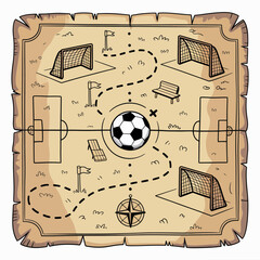 Old parchment map illustration of a football pitch layout showing a center soccer ball, goalposts, corner flags, and a winding path for sports strategy © Rehmat
