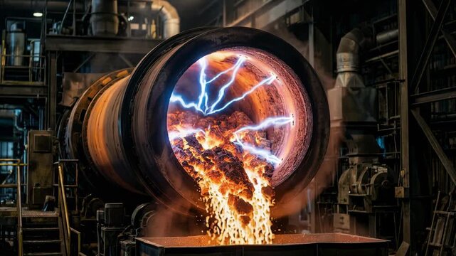 Close medium shot of a glowing discharge rotary kiln with vibrant plasma arcs enhancing the calcination process of alumina hydrate into smeltergrade alumina in an advanced smelting