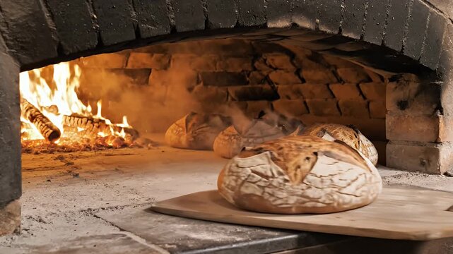 Fresh bread baking inside a traditional wood-fired stone oven.