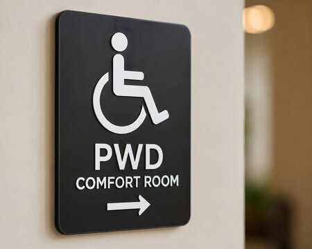 pwd comfort room sign with wheelchair icon and arrow