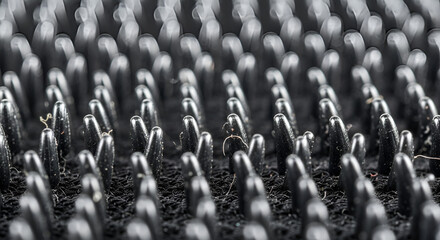 Obraz premium Abstract macro shot of dense, shiny gray spikes texture.