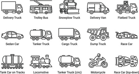 Transportation and Logistics Line Icons Collection with Trucks Cars Rail Vehicles Motorcycle and Public Transport © Akhi999