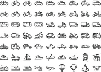 Transportation Line Icons Set Featuring Cars Trucks Bicycles Trains Aircraft Boats and Public Transit Vehicles © Akhi999