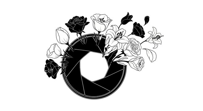 A creative camera aperture lens surrounded by beautiful hand drawn floral elements.