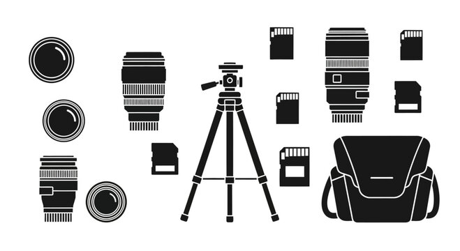 A collection of professional photography equipment icons including lenses, tripod, memory cards, and a camera bag.