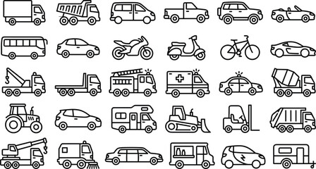 Transportation Vehicle Outline Icons Collection Featuring Cars Trucks Buses Emergency Service Construction and Logistics Vehicles © Akhi999