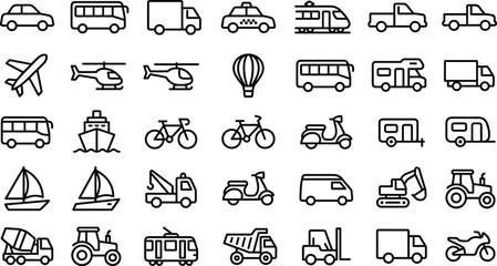 Transportation Vehicle Line Icons Set Including Cars Trucks Buses Aircraft Boats Construction and Delivery Transport Collection © Akhi999