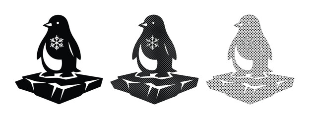 Minimalist penguin icon set on ice floe, black and white arctic bird vector silhouettes, winter wildlife logo design elements © Jemie