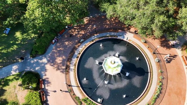 Forsyth Park Fountain Savannah Georgia Drone Aerial, Historic City Landmark