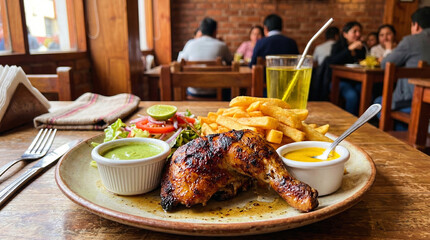 Peruvian Pollo a la brasa with French fries, lettuce, and tomato. Delicious traditional food Peru