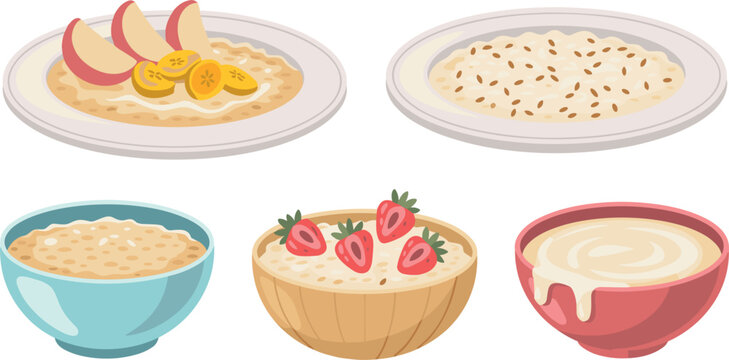 Healthy breakfast oatmeal bowls and plates set with fresh strawberries apple slices and banana