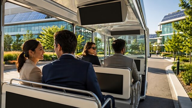 Business professionals riding an autonomous shuttle through a modern corporate campus.