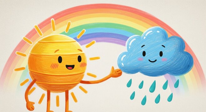 Happy cartoon sun and cloud with rainbow illustration, friendly weather concept for design and education.